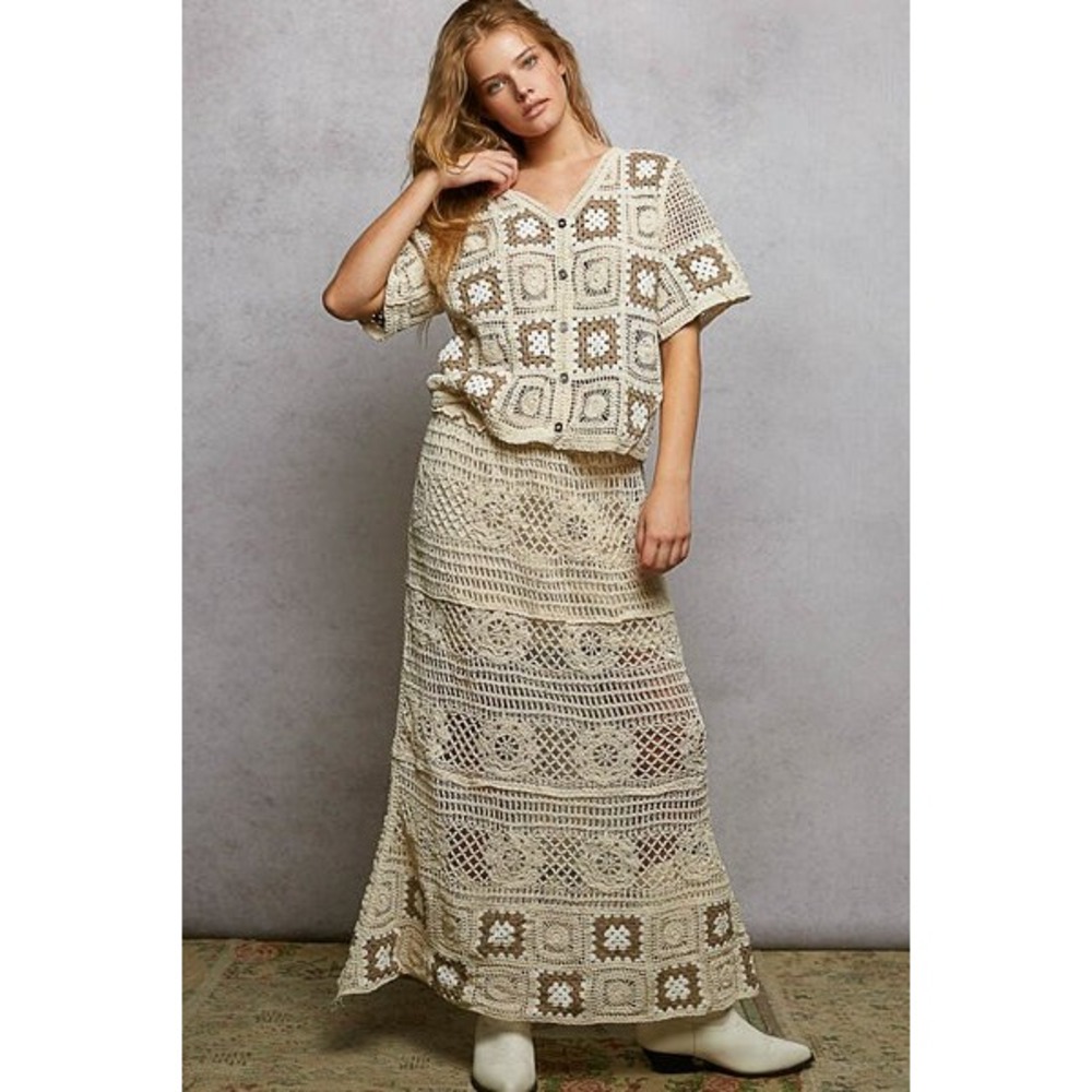 POL Crochet Maxi Skirt Cream Brown Granny Square Boho Knit Long Skirt